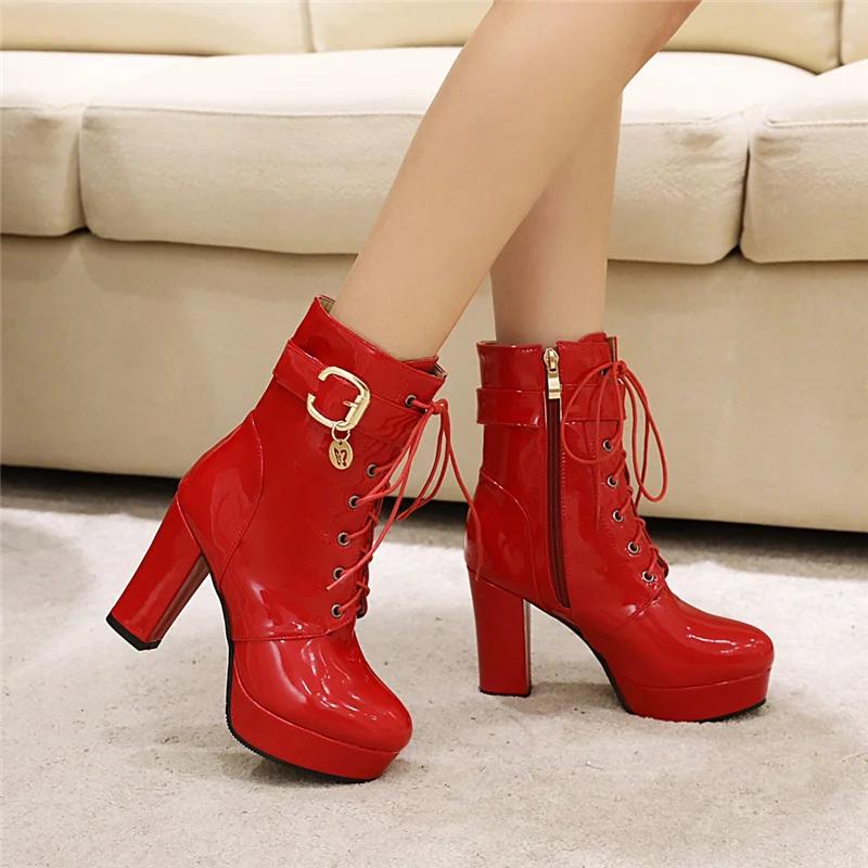 Lace Up Women‘s Ankle Boots Platform Fashion Heels Short Boot Female Leather Black Red White Fetish Party Dance Shoes Large Size