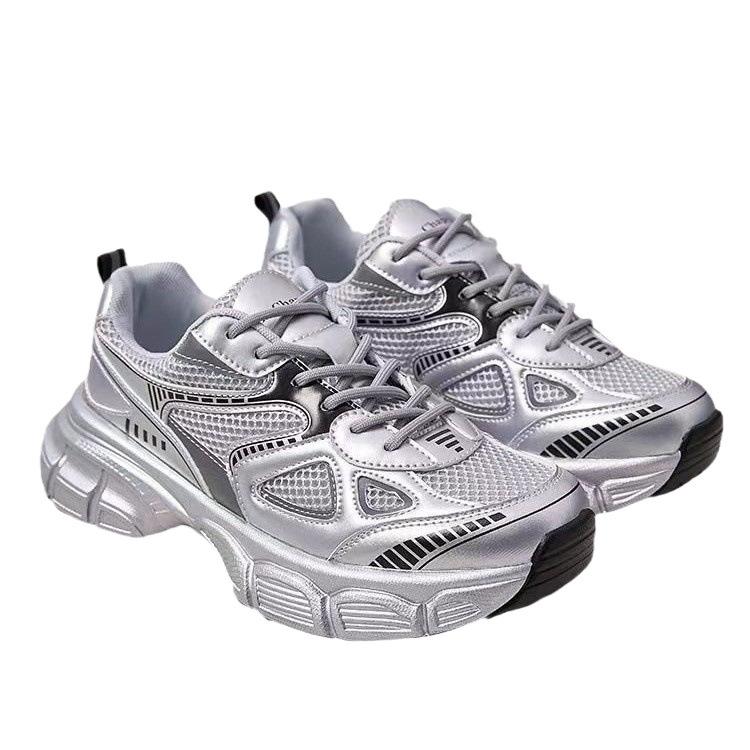 Серебристые ретро кроссовки для папы женские 2025 новые осенне-зимние на платформе с увеличением высоты повседневные спортивные туфли
