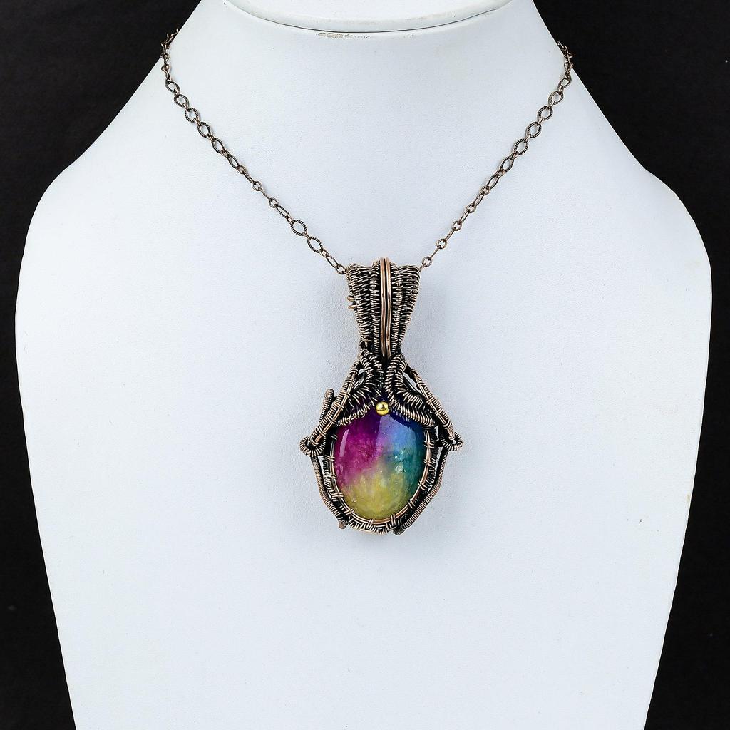 Rainbow Solar Quartz Gemstone Handmade Pure Copper Wire Wrapped Pendant Jewelry For Memorial
