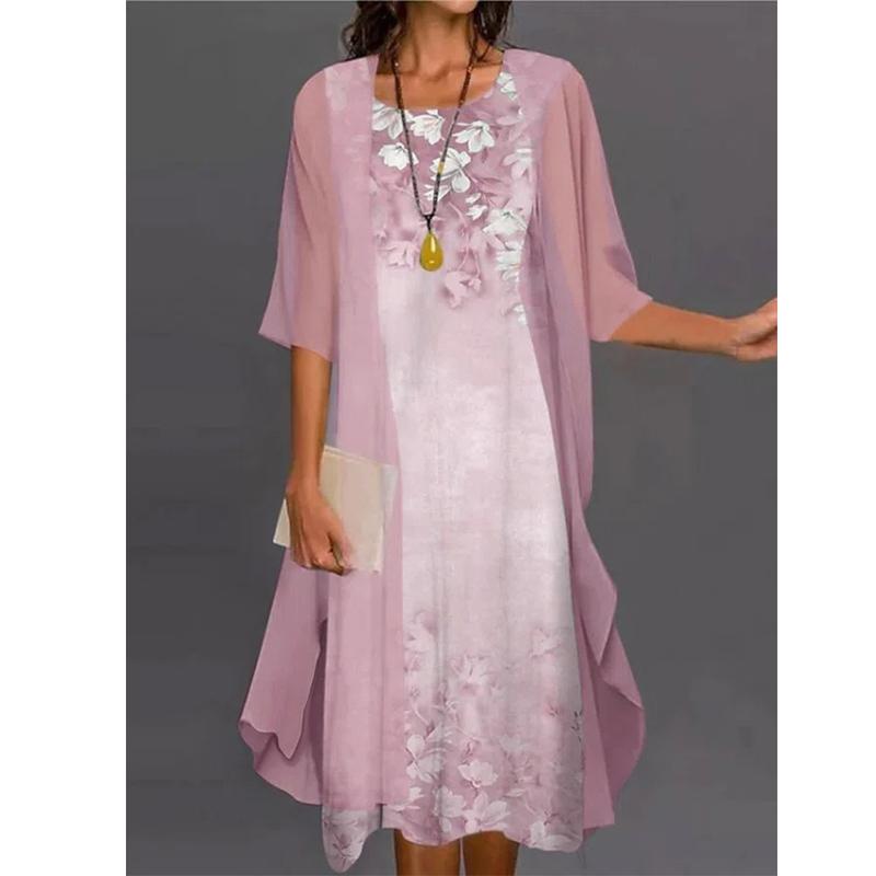 Плюс Размер Модное женское вечернее платье с принтом 2 шт. Кардиган Элегантные платья макси с круглым вырезом Повседневные длинные шифоновые платья Модные комплекты