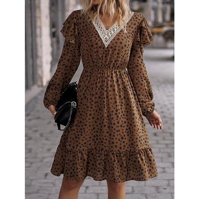 Женское повседневное платье с кружевной вставкой и леопардовым принтом