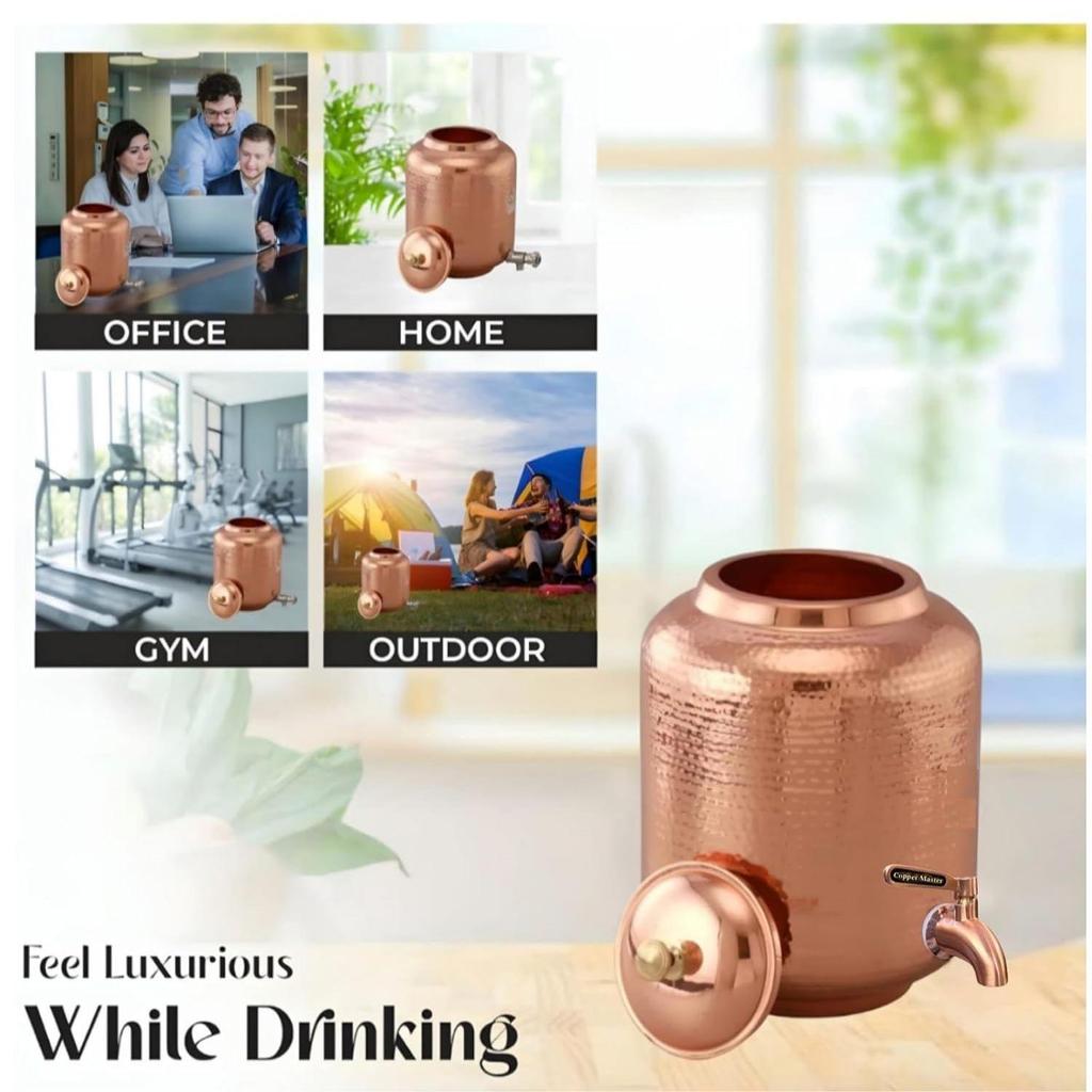8 Litre Hammered Copper Water Dispenser (Matka) Container Pot with 4 Pure Copper Glasses with Pure Copper
