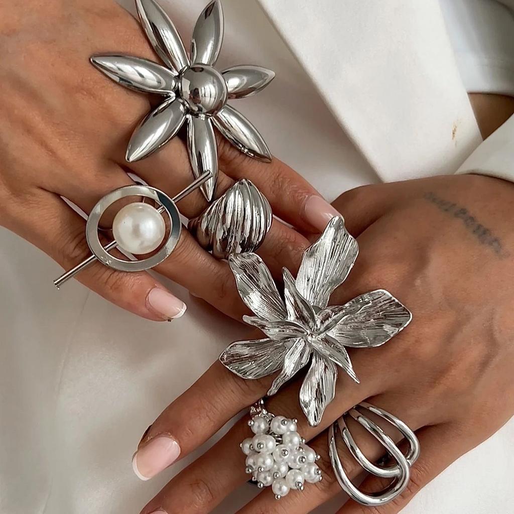 SHIXIN Vintage Creative Silver Color Large Flower Open Ring for Women Punk Imitation Pearl Party Adjustable Ring Finger Jewelry