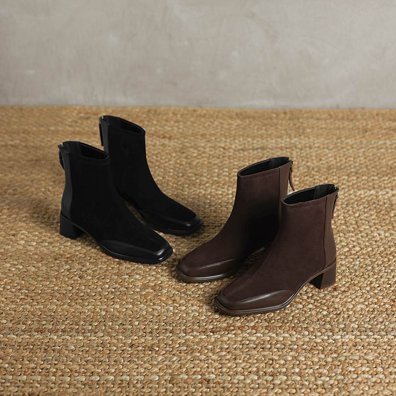 Krazing Pot Cow Suede Nubuck Autumn Winter Shoes Thick Heels Size 42 Square Toe Zipper Vintage Ankle Boots