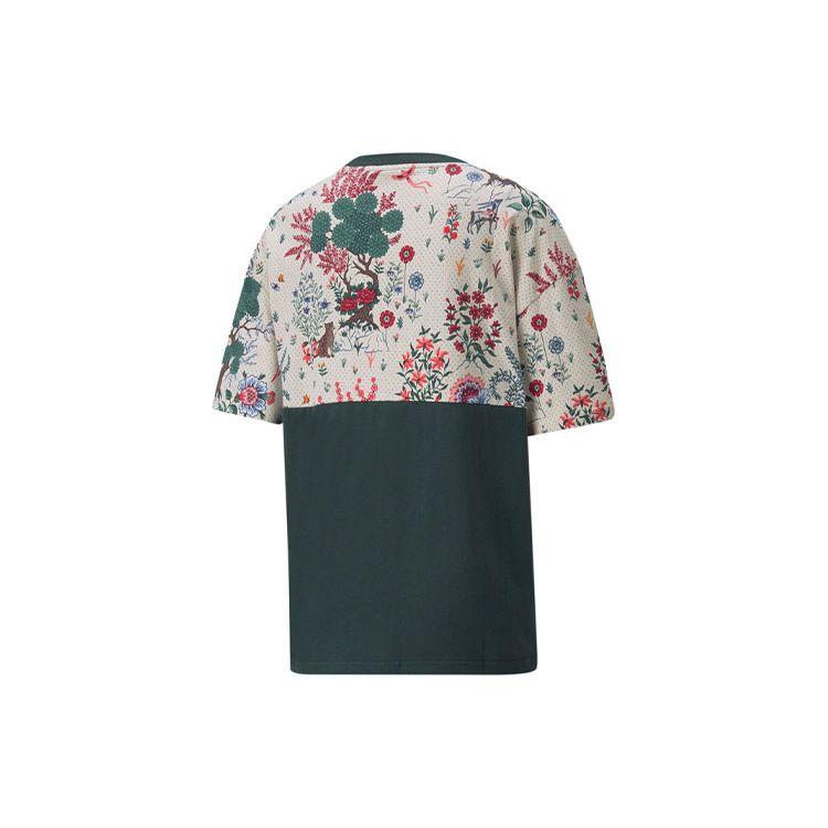 Puma Футболка X Liberty Aop с цветочным узором, вышитым логотипом, круглым вырезом, коротким рукавом, женские топы, темно-зеленый цвет 532886-80