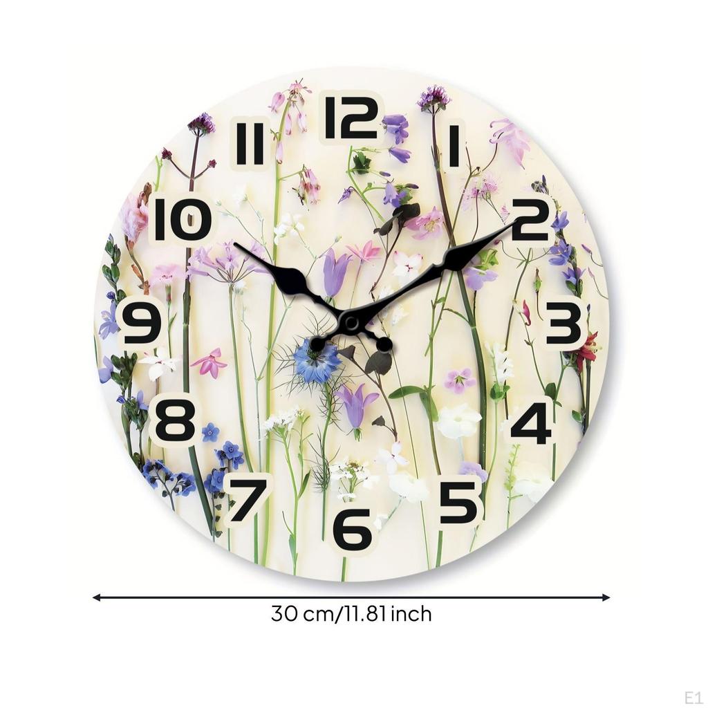 Wood Grain Wall Clock Decorative Vintage Powered Home Decor Floral