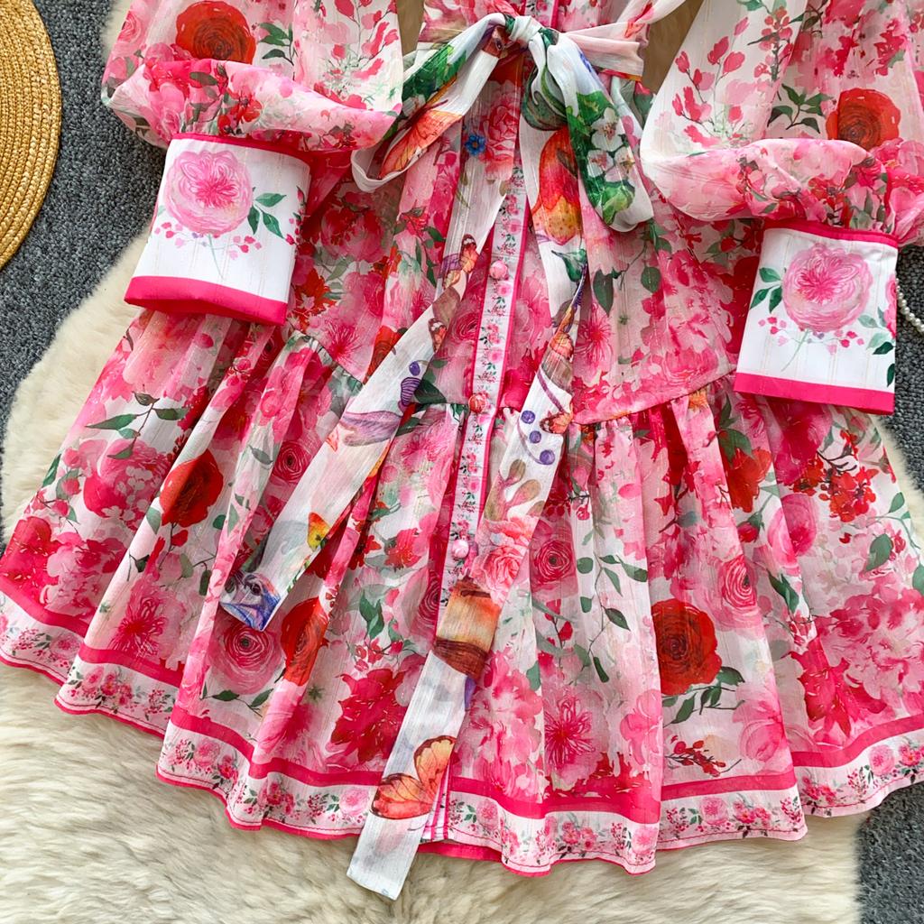 Spring Summer Women Lantern Sleeve Print Chiffon Mini Short Chic Boho Holiday Beach Lace-up Dresses