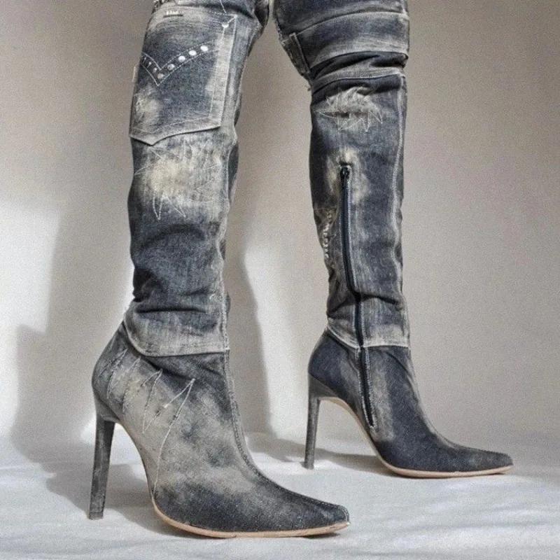 Мода 2024 года, высококачественная женская обувь, женские сапоги на молнии, модные современные сапоги с заклепками, женские сексуальные сапоги с острым носком до колена, Zapatos Mujer