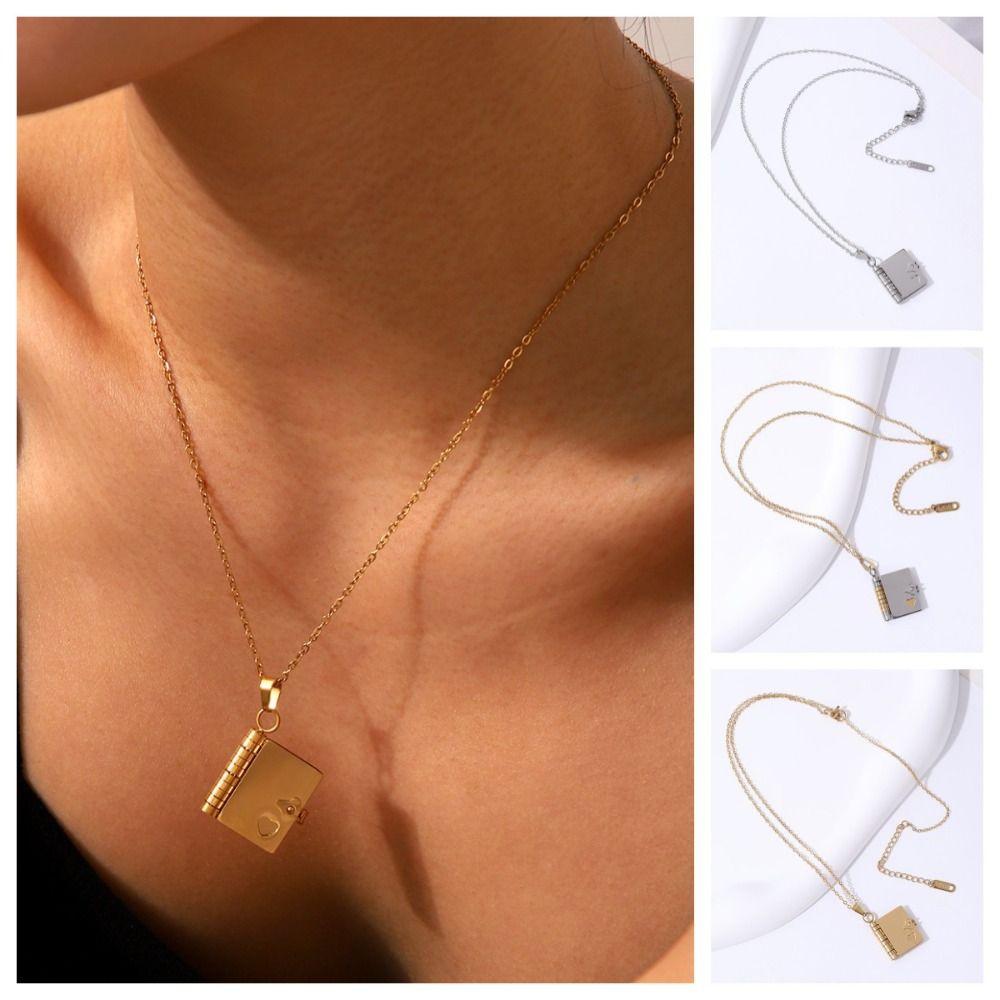 Titanium Steel Couple Book Necklace Handmade Couple Text Locket Jewelry Accessories