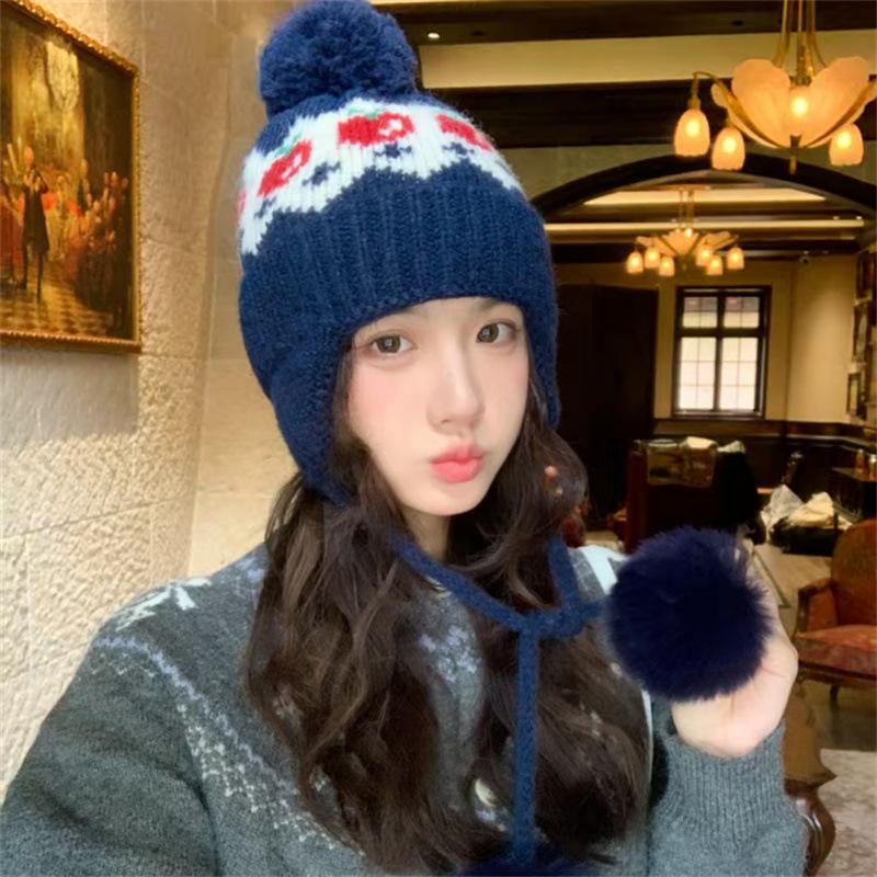 Autumn and winter warm ear protection wool hat new red Fair Island plaid cute hairball knitted hat children