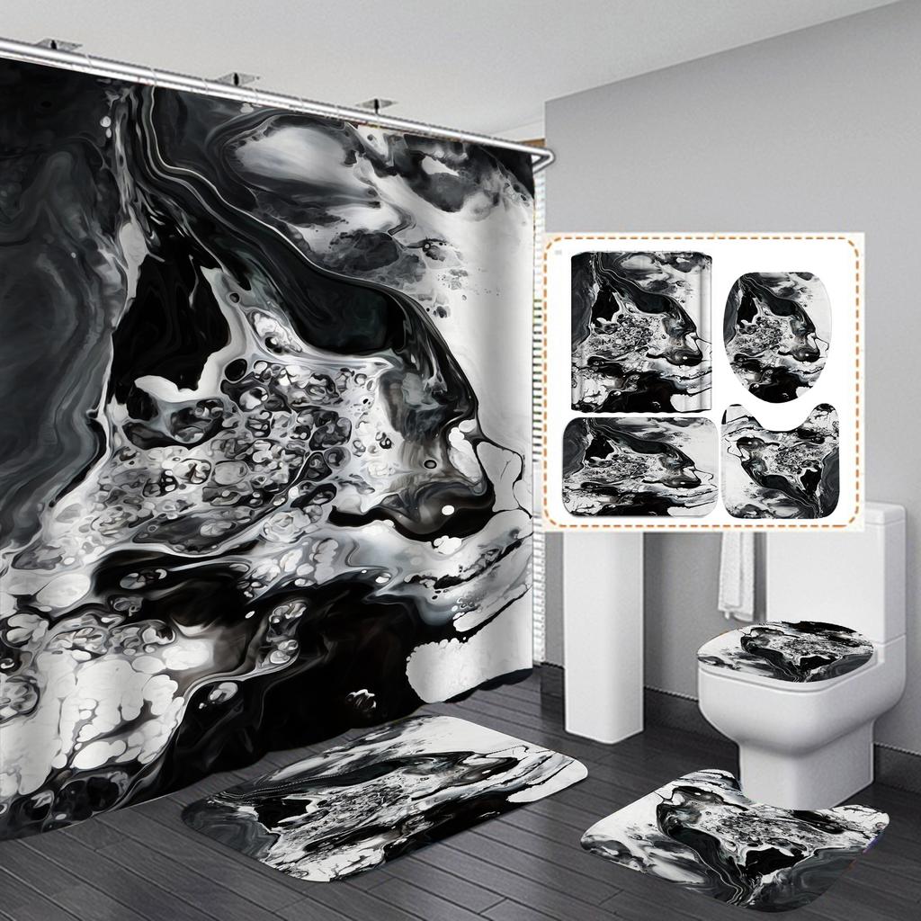4Pcs Luxury Marble Shower Curtain Sets Bathroom Decor Sets with 12 Hooks Bath Mat Toilet Lid Rug and Non-Slip U Shape Mat