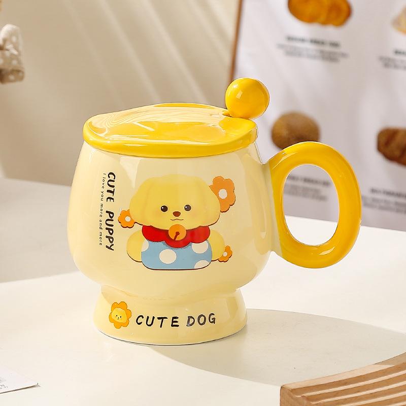 Мультяшная кружка с крышкой и ложкой, милая керамическая чашка для девочек с привлекательным внешним видом, чашка для воды для дома, кофейная чашка для завтрака для детей