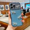 For iPhone 16 Pro Case Electroplated Wavy Frame Glitter TPU Phone Cover with Rhinestone Bow Decor