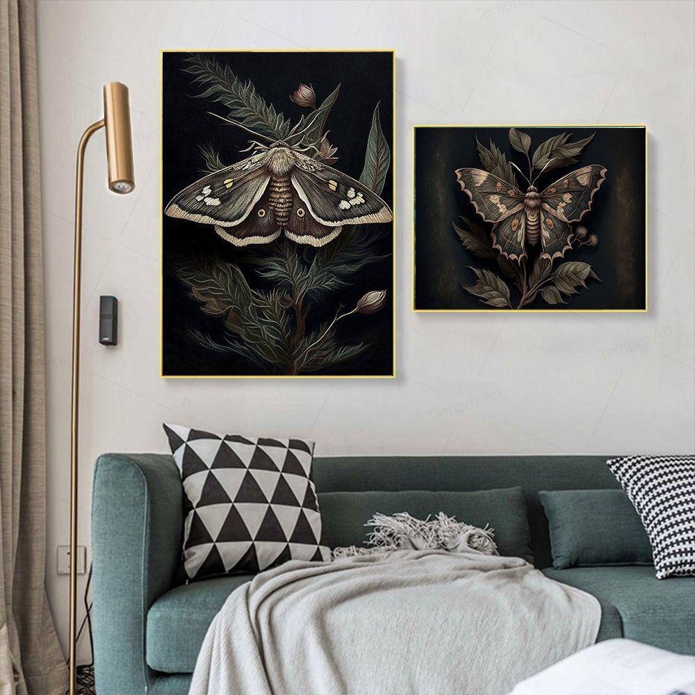 Ботанический мотылек Dark Cottagecore настенная живопись на холсте Moody цветочные постеры и настенные панно с принтом Эстетическая комната домашний декор