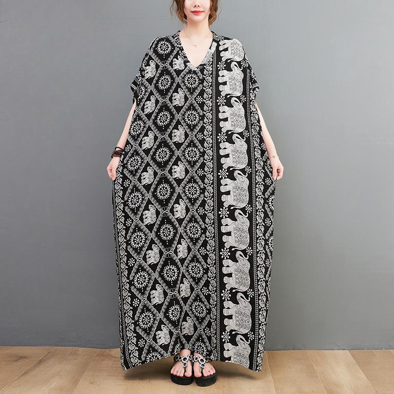 Плюс размер Новое летнее платье Цветочное льняное V-образное вырезное повседневное женское большое повседневное черное платье большого размера