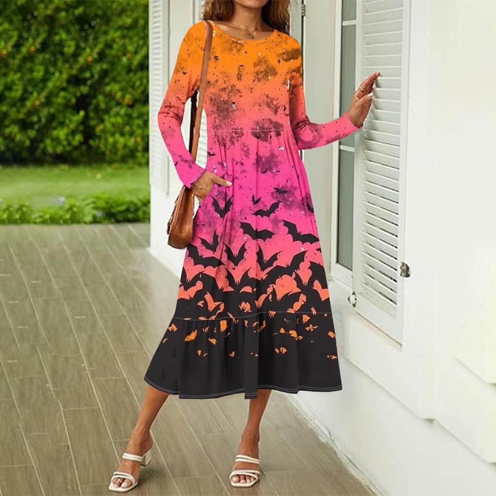 Женское повседневное платье с принтом на Хэллоуин, весна-осень, карман, круглый вырез, длинные рукава, платья