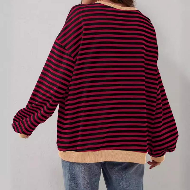 Simple Home Leisure New, Striped Pattern Round Neck Trend Long Sleeve, Pullover Color T-shirt