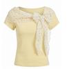 Yellow slanted shoulder floral lace splicing short-sleeved T-shirt women's summer new slim-fitting and thin off-the-shoulder waist top