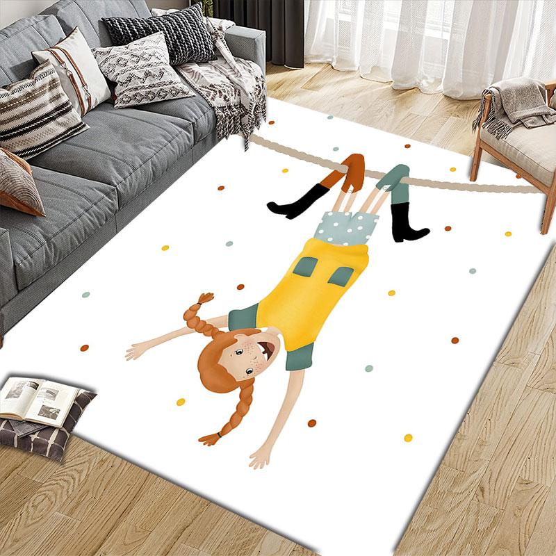 Pippi Cartoon Flannel Printed Carpet, Home Sofa Decoration for Living Room & Bedroom, Non‑Slip Play Flannel Floor Mat for Game Room