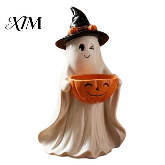 Detailed Resin Tabletop Figures Ghost Statue with Pumpkin Candy Bowl for Halloween Table Decor, Fall Decor Families Cute Desktop Organizer Living Room