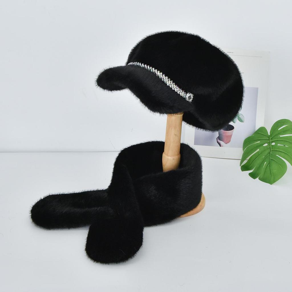 Роскошная берет-шапка из искусственного меха норки с козырьком для женщин, Зимний комплект: шапка и шарф, Уличный берет с козырьком, украшенный стразами