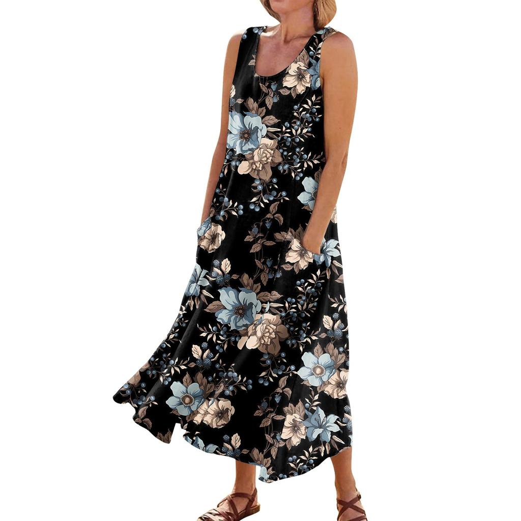 Платье без рукавов для женщин. Женское летнее повседневное модное платье без рукавов с круглым вырезом и карманом с принтом.