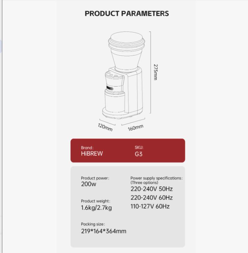 HiBREW Automatic Burr Mill Electric Coffee Grinder with 34 Gears for Espresso American Coffee Pour Over Visual Bean Storage G3
