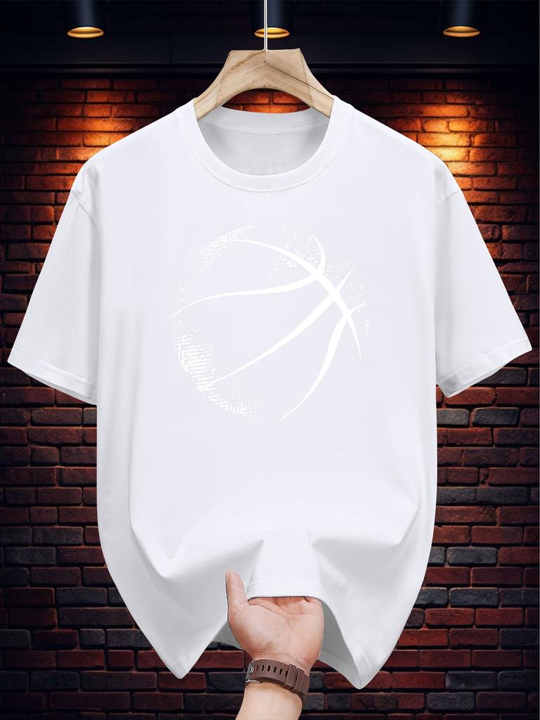 200g 100% Cotton Basketball Graphic Print T-shirt - Navy Blue Casual Short Sleeve Round Neck Summer Tee