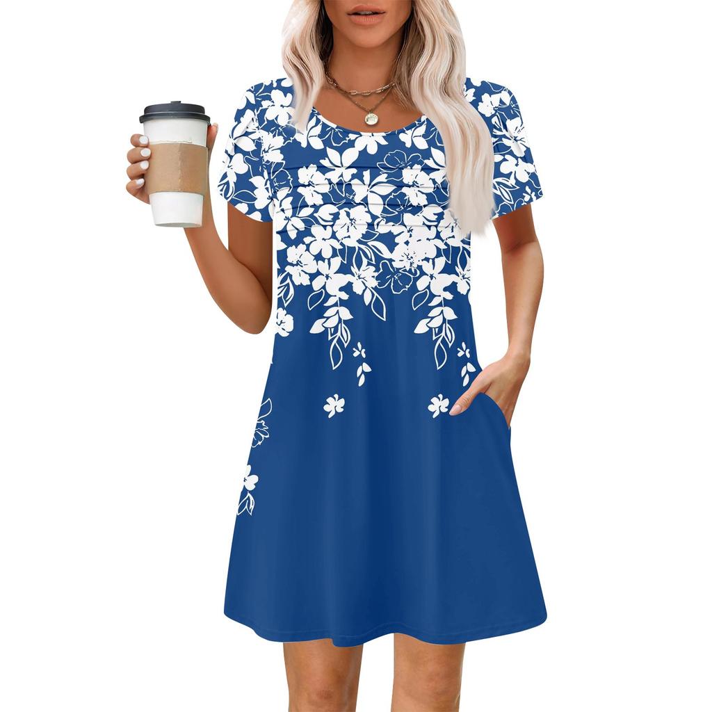 Women's Summer Casual Petal Slim Stripe Pleated Solid Color Dresses