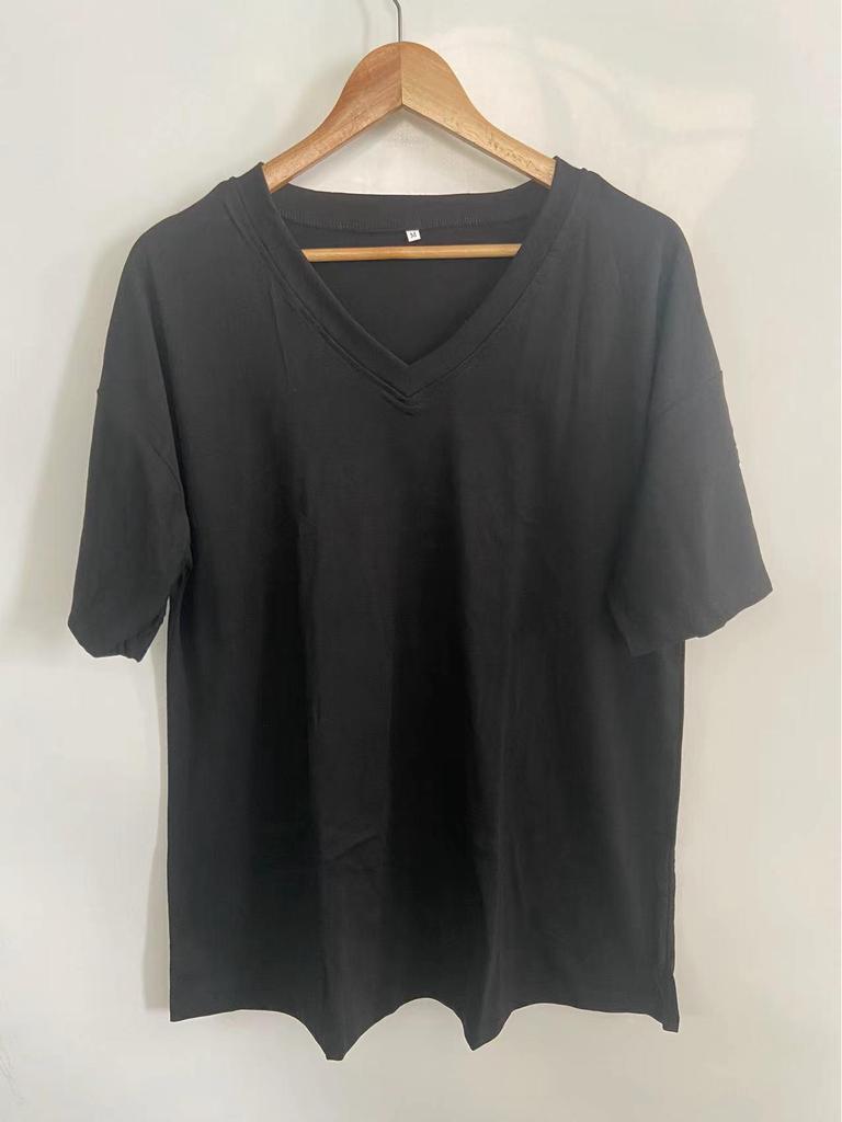 Европейский и американский женский летний однотонный свободный топ из хлопка с V-образным вырезом