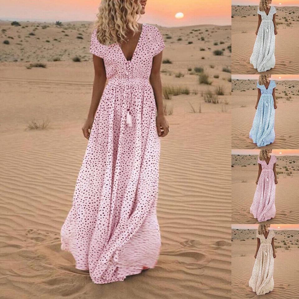 Summer Women's Beach Holiday V Neck Long Maxi Dress Ladies Boho Holiday Sundress