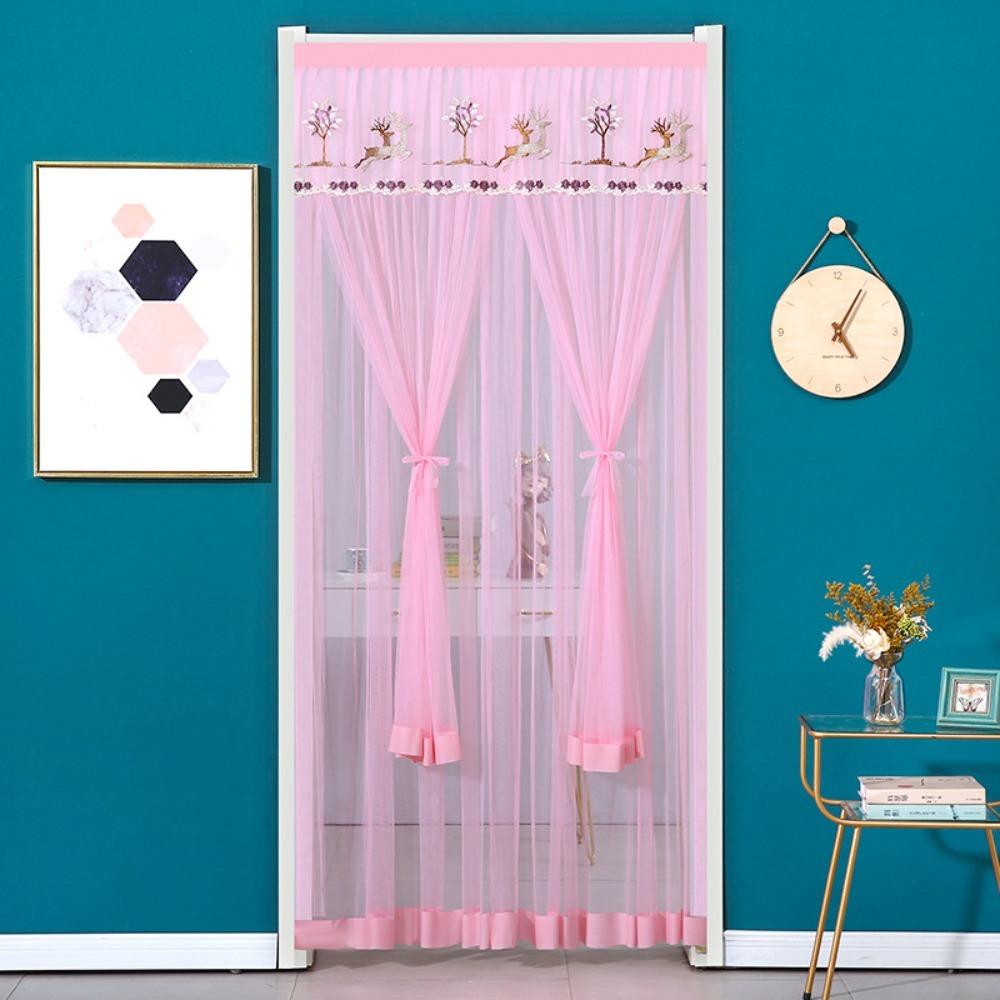 Punching Free Lace Embroidered Door Curtain Breathable Mesh Door Drapes Girl Room