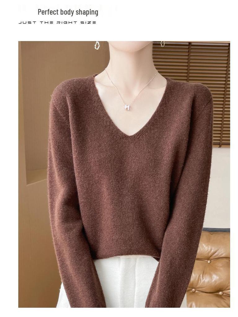 Minimalist 100% Wool V-Neck Sweater: Seamless, Solid Color, Long Sleeve, New Women's Knit