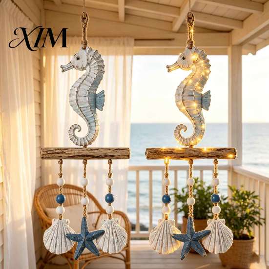 Coastal Porch Hanging Decor Lighted Wooden Wall Ornament, Nautical Fish Shell Starfish Sign with Indoor Outdoor Decorative LED Lights Warm Lights,
