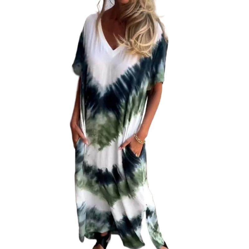 Casual Beach Maxi Tie Dye Printed Dresses Women's Spring Summer Short Sleeve V-neck Plus Size Long Dress