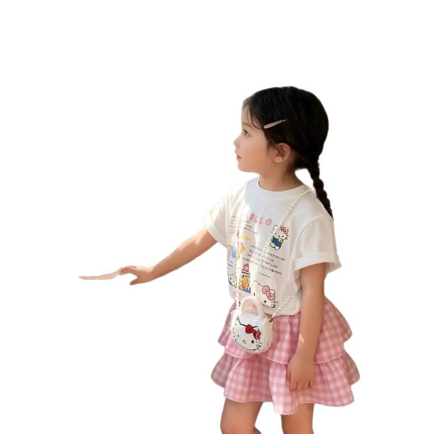 Корейский летний милый набор с принтом кошки, клетчатая короткая юбка и топ с коротким рукавом, 2025