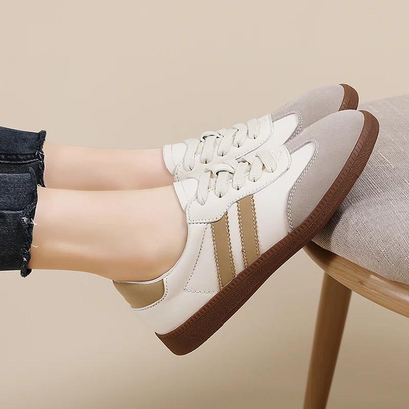 2024 Роскошные туфли на плоской подошве для женщин, осенние новые классические женские кроссовки, женские кожаные ретро-кроссовки с низким вырезом и шнуровкой, повседневные, с круглым носком, серые, белые