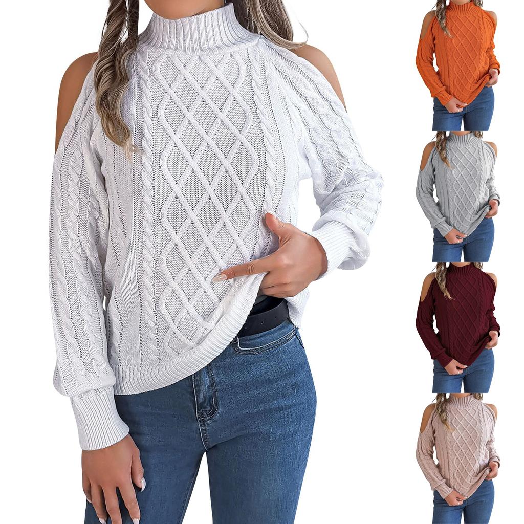 Женский модный повседневный свободный свитер с открытыми плечами и полувысоким воротом, однотонный, с длинными рукавами, пуловер, топ