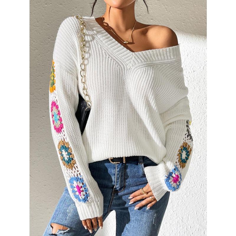 Women S V Neck Hand Crocheted Patchwork Loose Casual Sweater