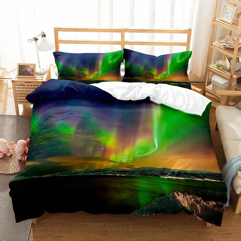 Пододеяльник Кинг/Квин Северное сияние Набор постельного белья с природным пейзажем Красочный пейзаж неба Чехол для одеяла Полиэстер Чехол для одеяла