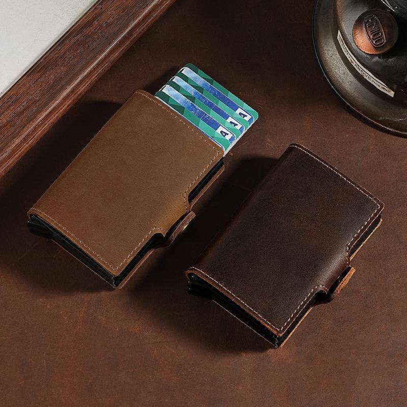 Винтажный 2025 Мужской Двухслойный Картхолдер из Кожи Crazy Horse с Выдвижным Механизмом на Кнопке и Алюминиевой Клипсой