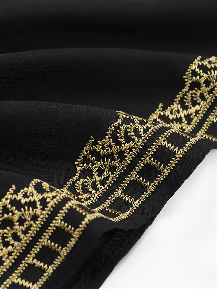 EDOLYNSA 2024 Gold Thread Embroidered Plus Size Casual Vacation Beach Dress Summer Swimsuit Coverup For Women V Neck Bat Sleeve Black Kaftan