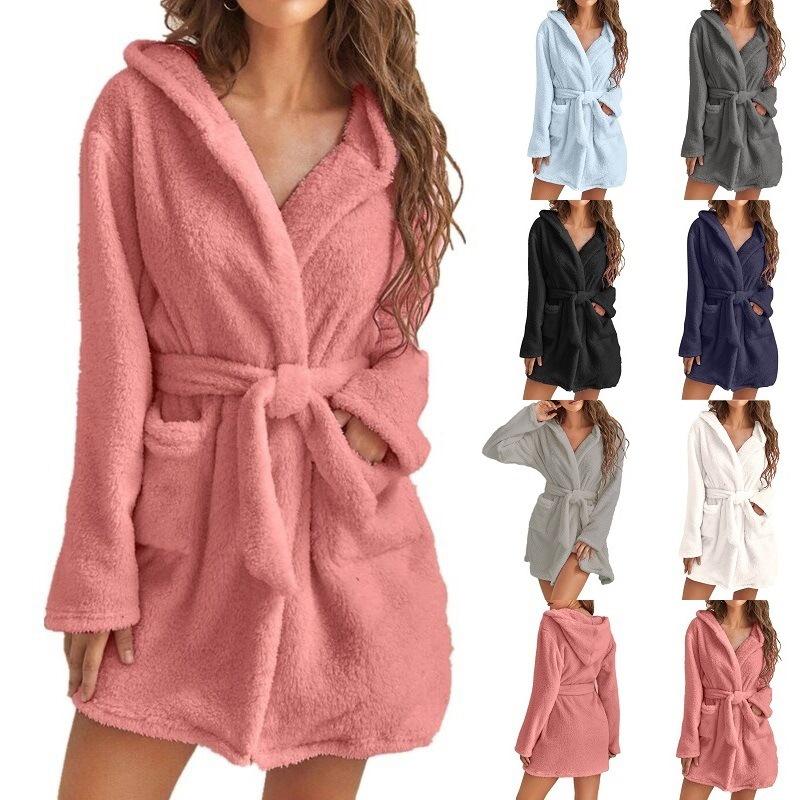 Autumn Winter Women Bath Robe Fluffy Plush Pyjamas Ladies Sexy Hooded Dressing Solid Color Gown Warm Bathrobe Female Loungewear