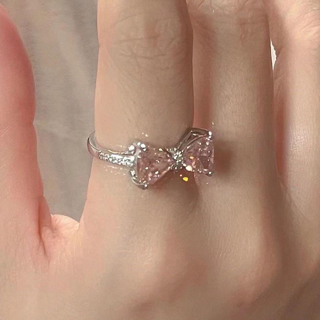 Открытое кольцо Love pink bow для женщин с розовыми бриллиантами и цирконами, изысканное французское слегка инкрустированное кольцо для милой девушки