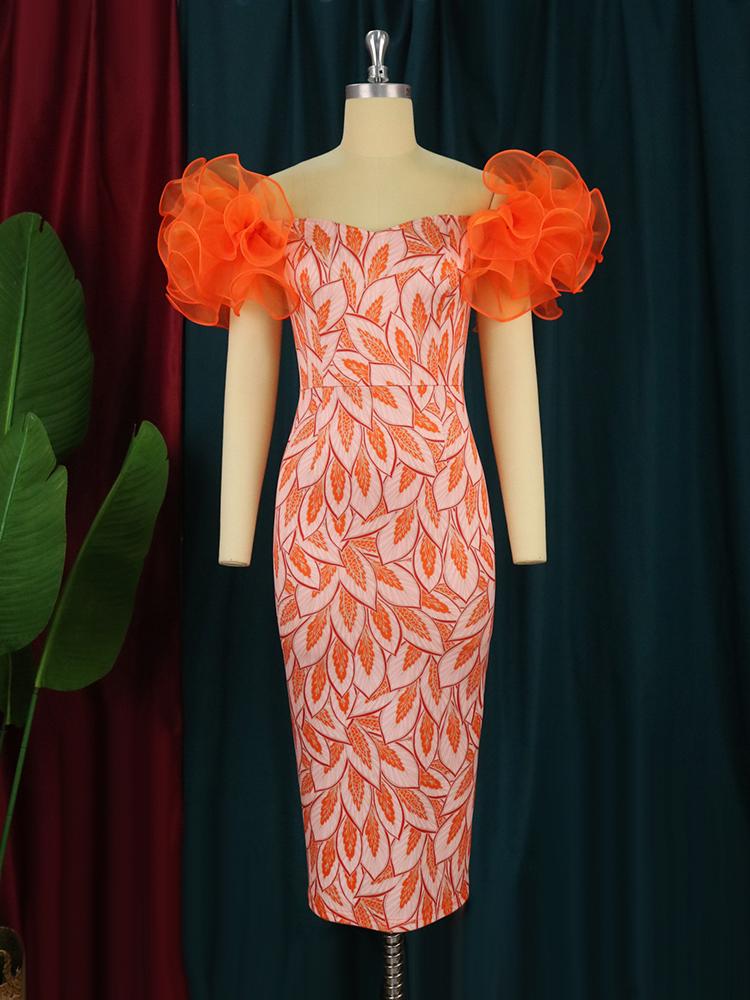 Оранжевое платье с принтом миди, женское вечернее вечернее платье с рюшами и коротким рукавом в стиле ретро, винтажное платье-карандаш для празднования дня рождения, летние наряды размера плюс