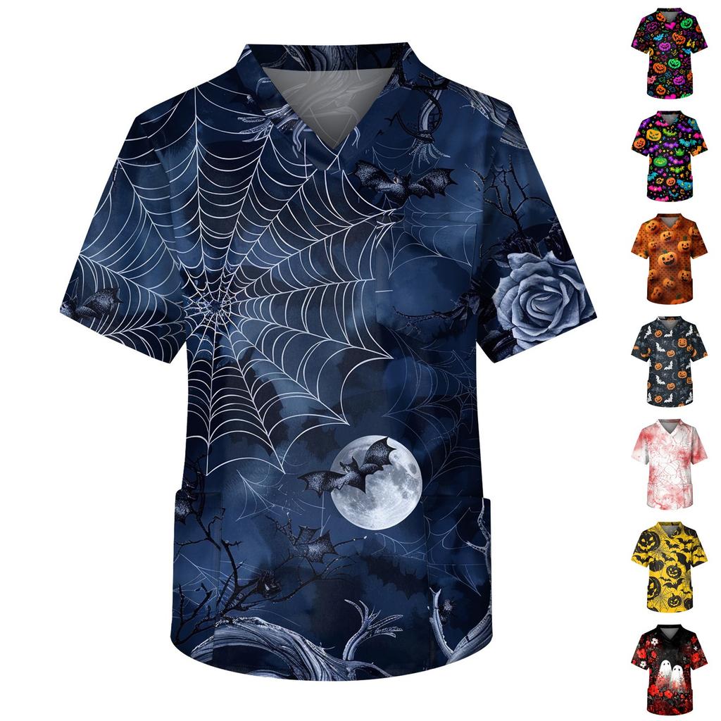 Мужской топ с короткими рукавами и v-образным вырезом на Хэллоуин с принтом на груди и карманом для ухода за кожей