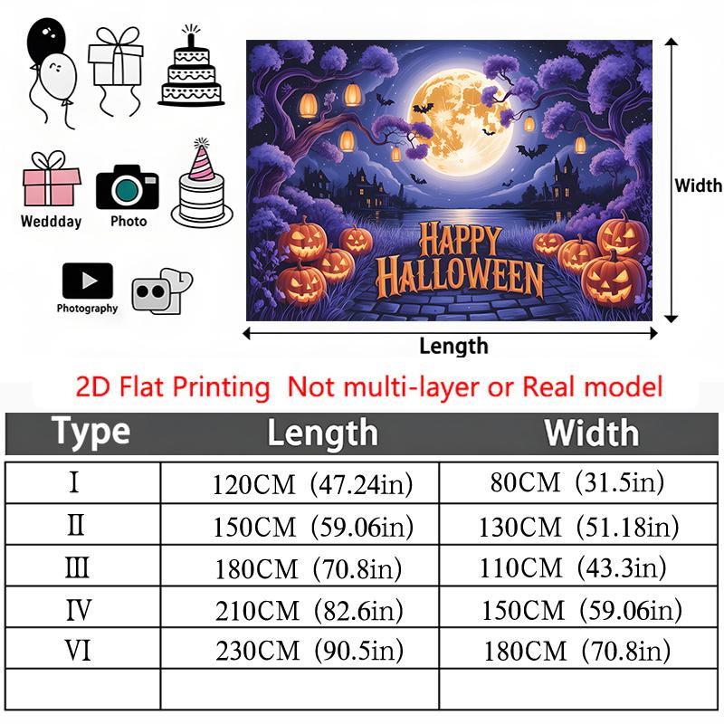 Pumpkins Full Moon Purple Halloween Theme Banner, Purple Polyester Backdrop for Wall Hanging & Photo Booth