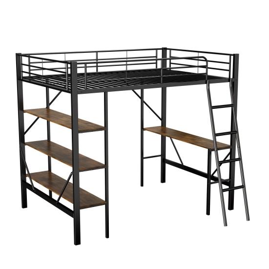 Metal Bed Strong Carrying Capacity with Computer Desk Storage Shelves Ladder Iron Frame Children Bunk Fall Protection Grilles Home Furniture Loft