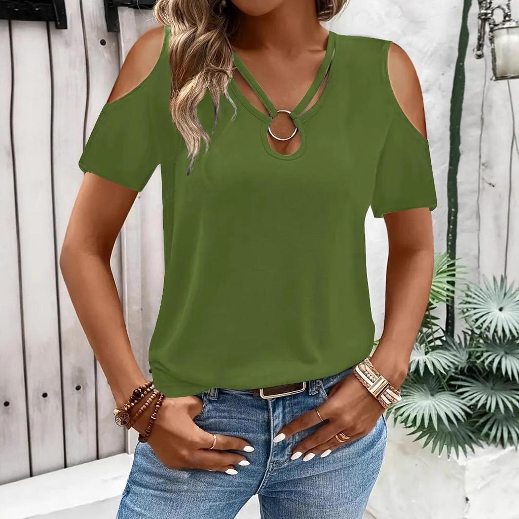 2025 Women's Solid Color V-Neck Off-Shoulder Short Sleeve Loose T-Shirt