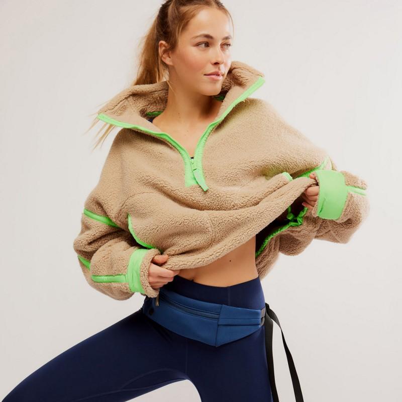 Womens Color Block Stand Collar Half Zip Fleece Sweatshirt Loose Street Sporty Top